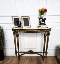 1950s Midcentury Italian Gitl Wood Demi Lune Wall Console Table with Marble Top