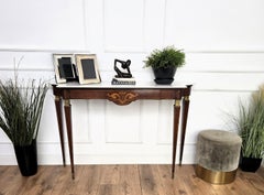 1950s Midcentury Italian Inlay Wood Brass Wall Console Table with Marble Top