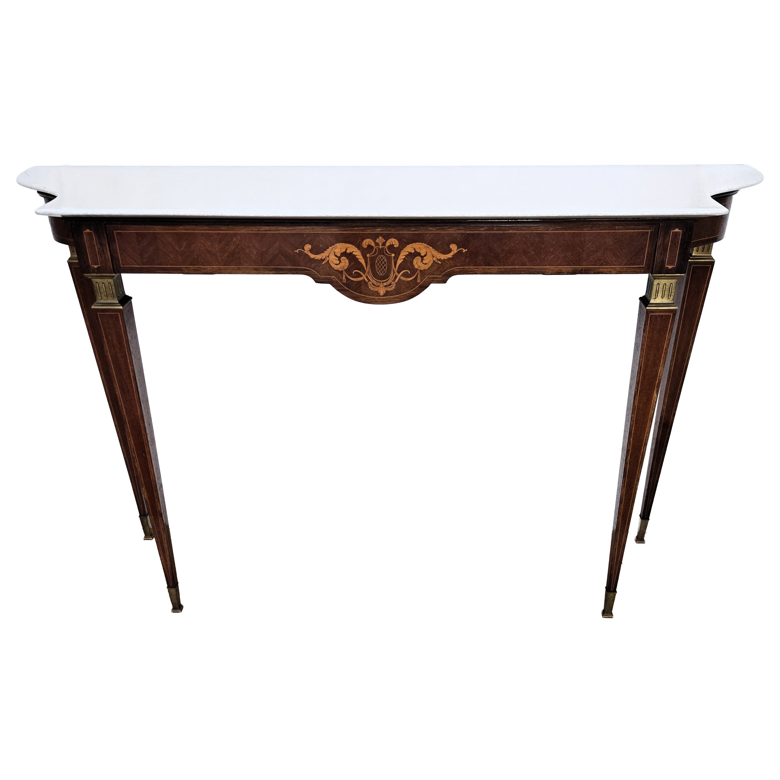 1950s Midcentury Italian Inlay Wood Brass Wall Console Table with Marble Top