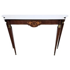 1950s Midcentury Italian Inlay Wood Brass Wall Console Table with Marble Top