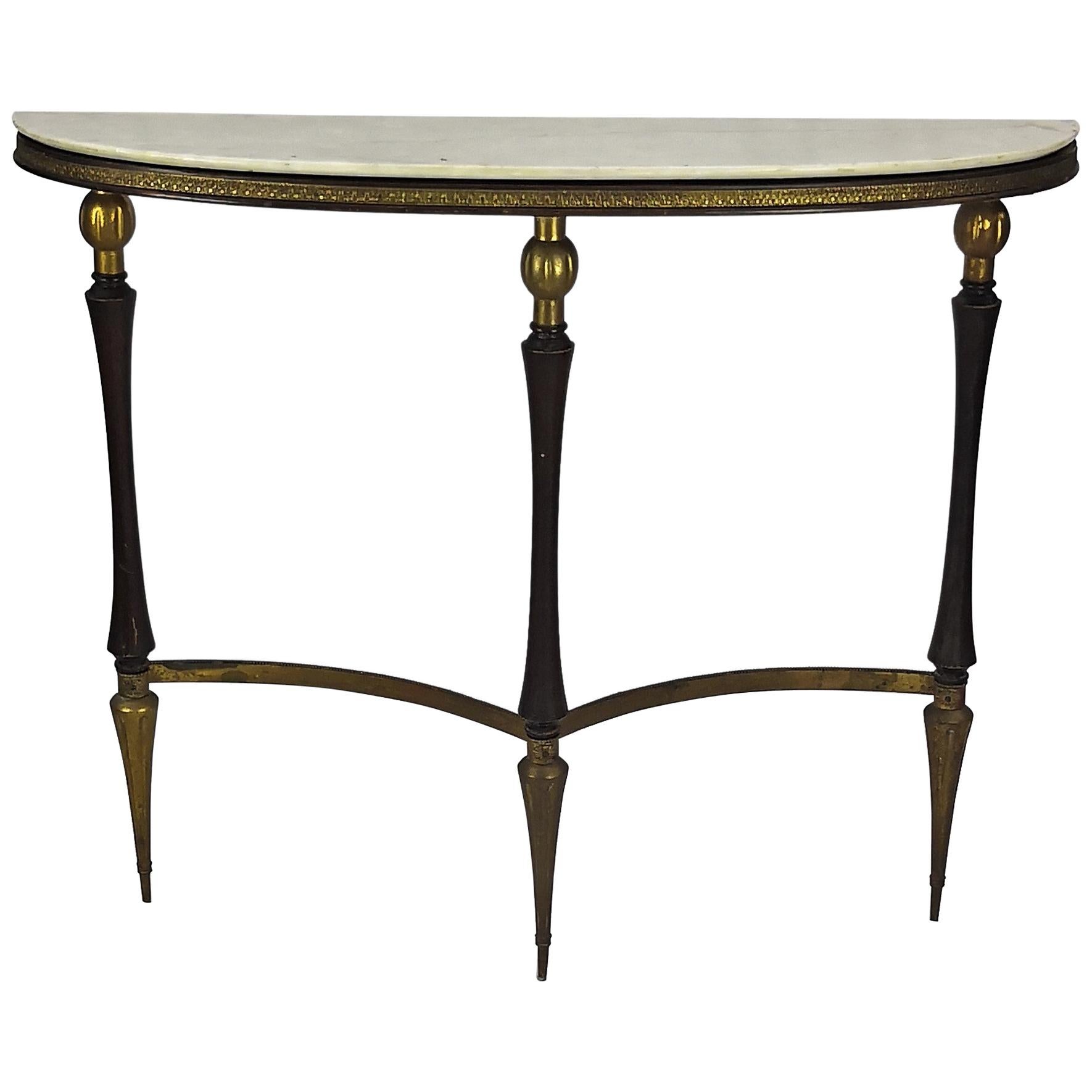1950s Midcentury Italian Wood and Brass Demilune Consolle Table with Marble top