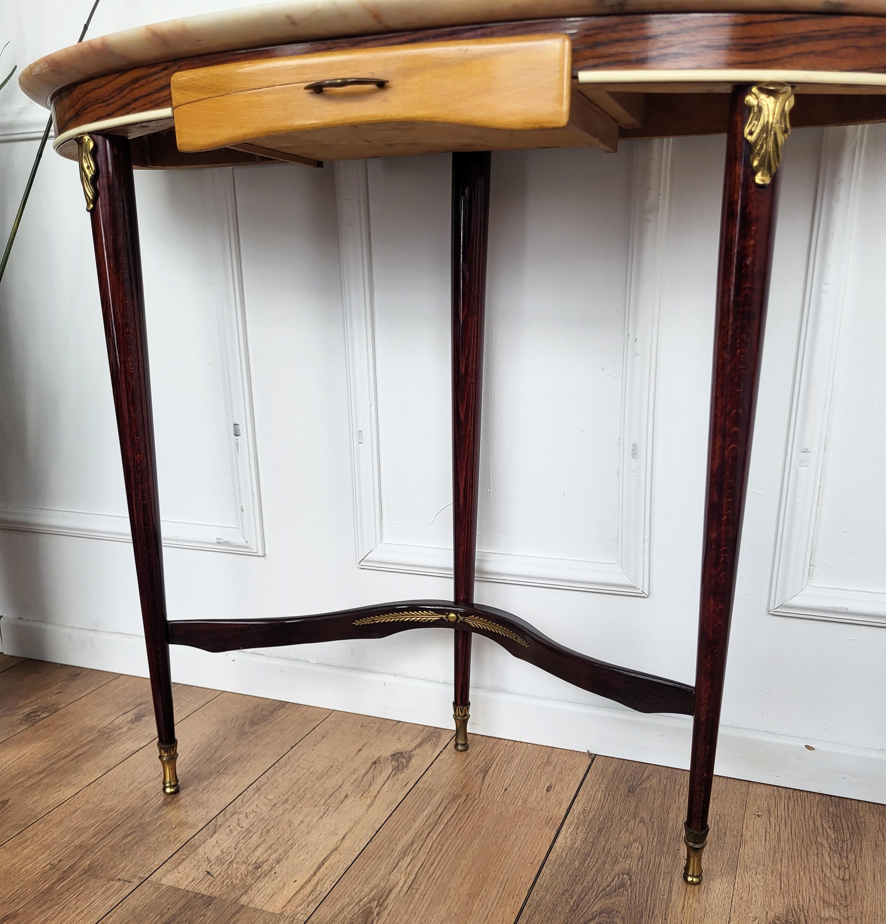 20th Century 1950s Midcentury Italian Wood Brass Wall Console Table Demi Lune with Marble Top