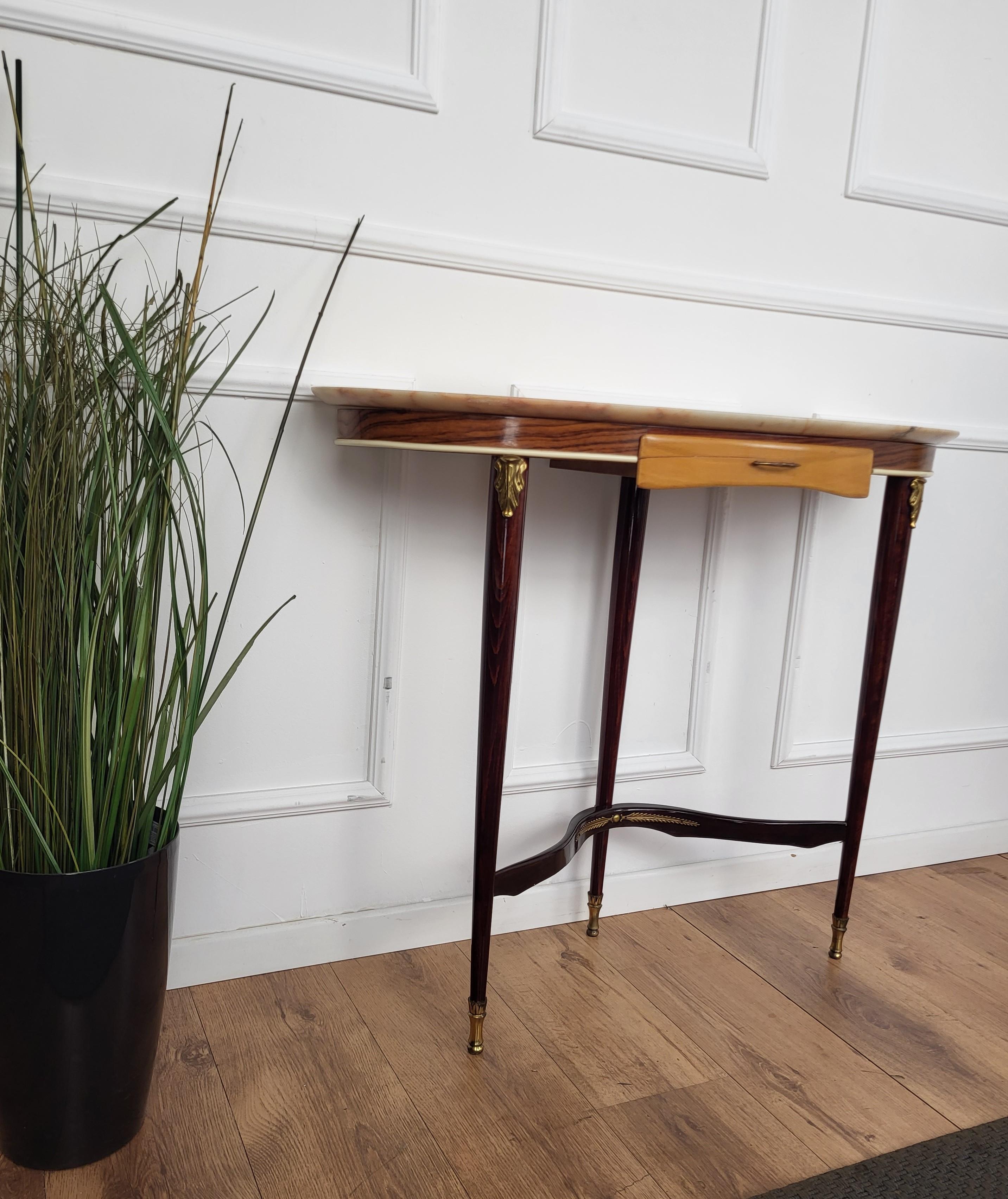 1950s Midcentury Italian Wood Brass Wall Console Table Demi Lune with Marble Top 1