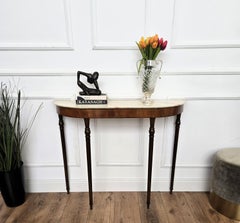 Tavolo consolle da parete in legno e ottone del Midcentury italiano del 1950 con piano in marmo