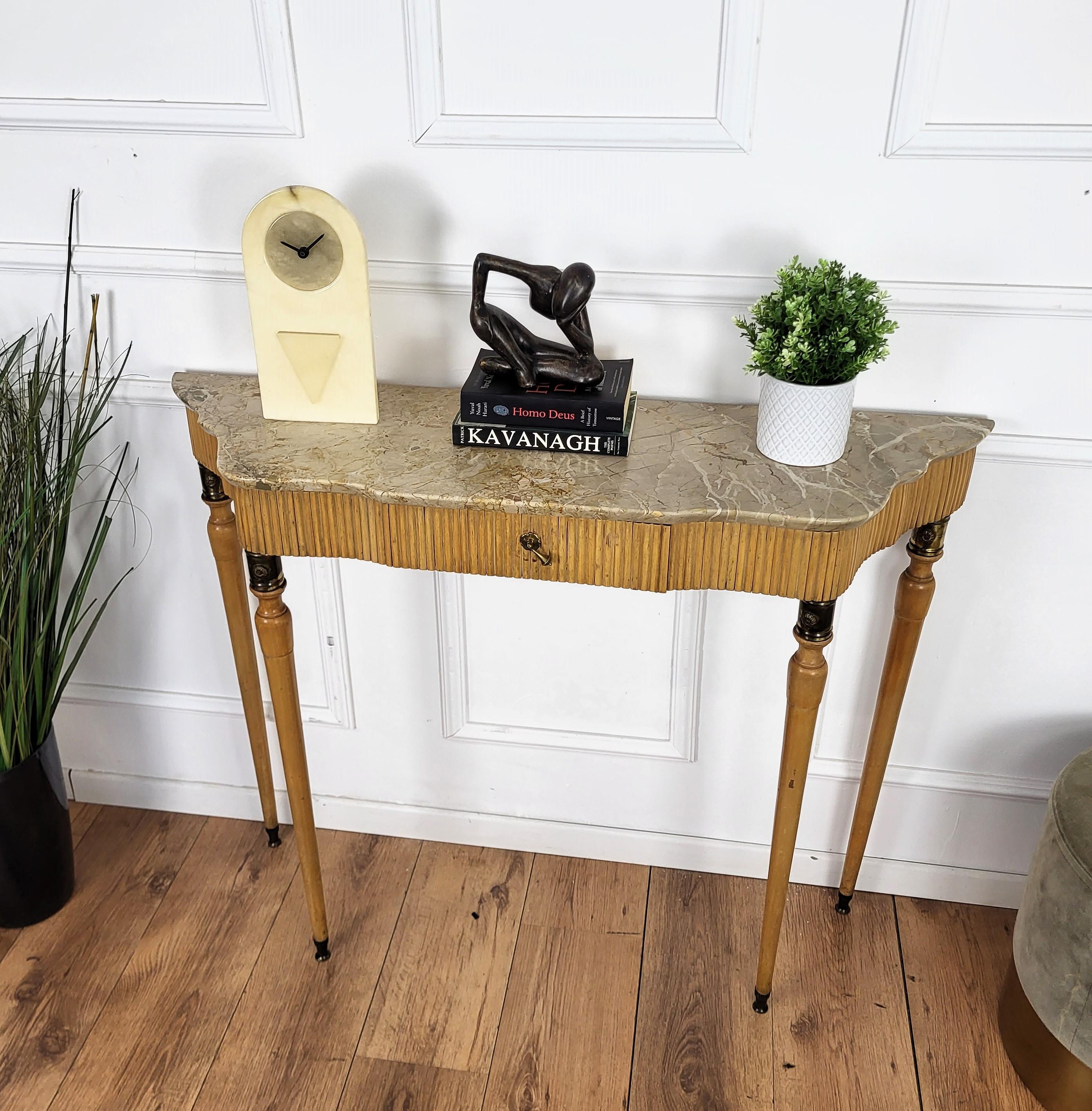 Mid-Century Modern 1950s Midcentury Italian Wood Brass Wall Console Table with Marble Top For Sale