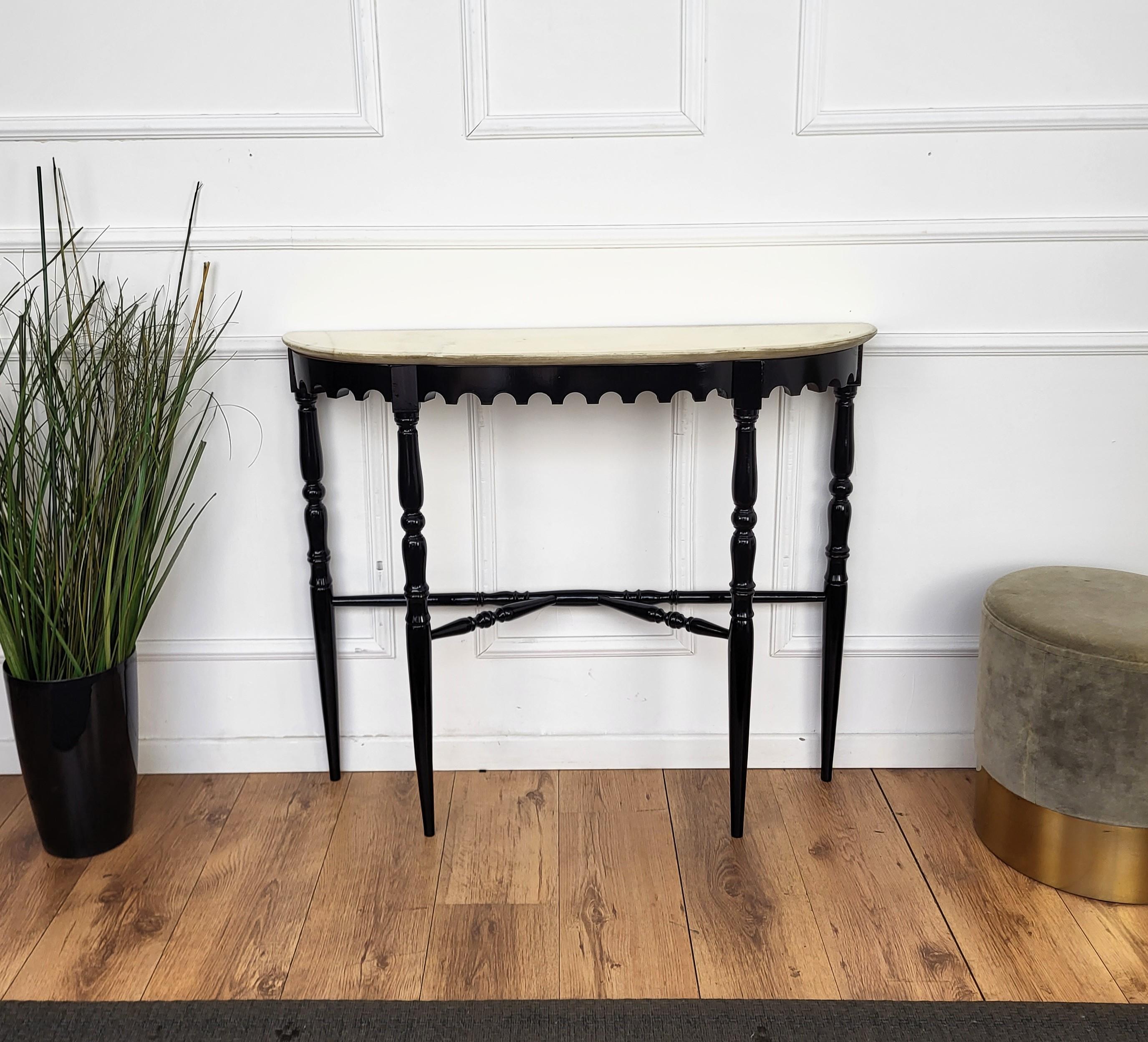 1950s Midcentury Italian Wood Brass Wall Console Table with Marble Top In Good Condition In Carimate, Como