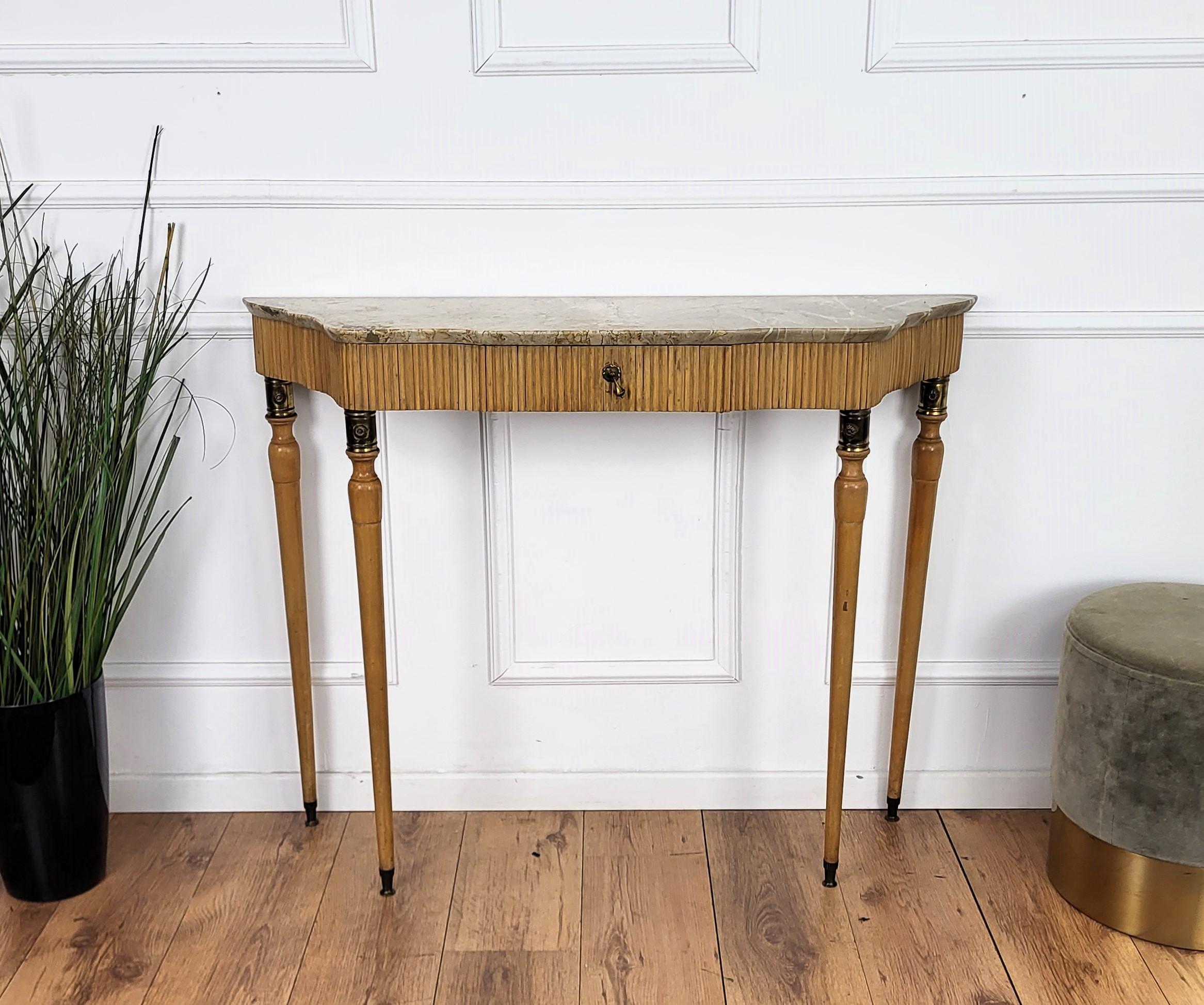 20th Century 1950s Midcentury Italian Wood Brass Wall Console Table with Marble Top For Sale