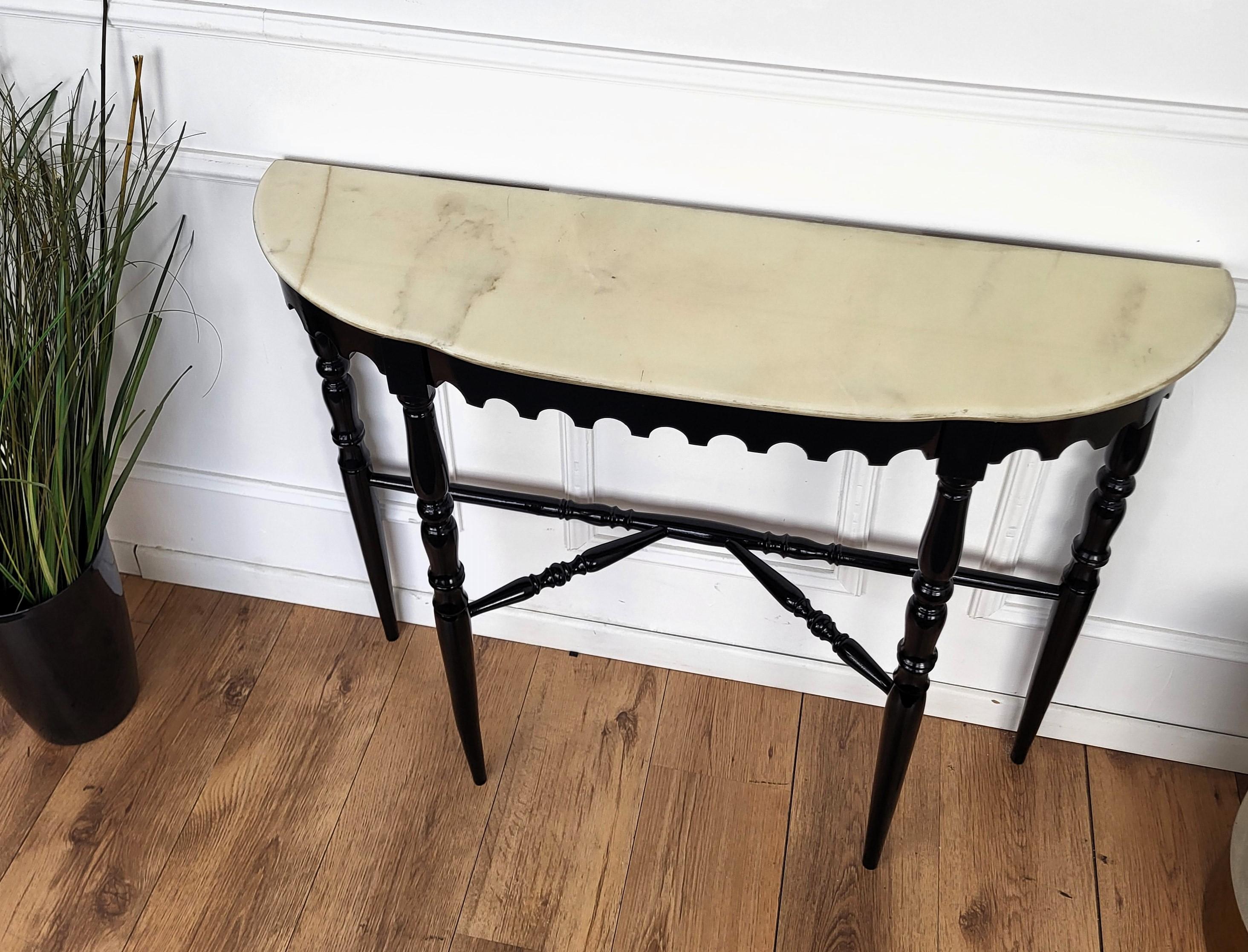 20th Century 1950s Midcentury Italian Wood Brass Wall Console Table with Marble Top