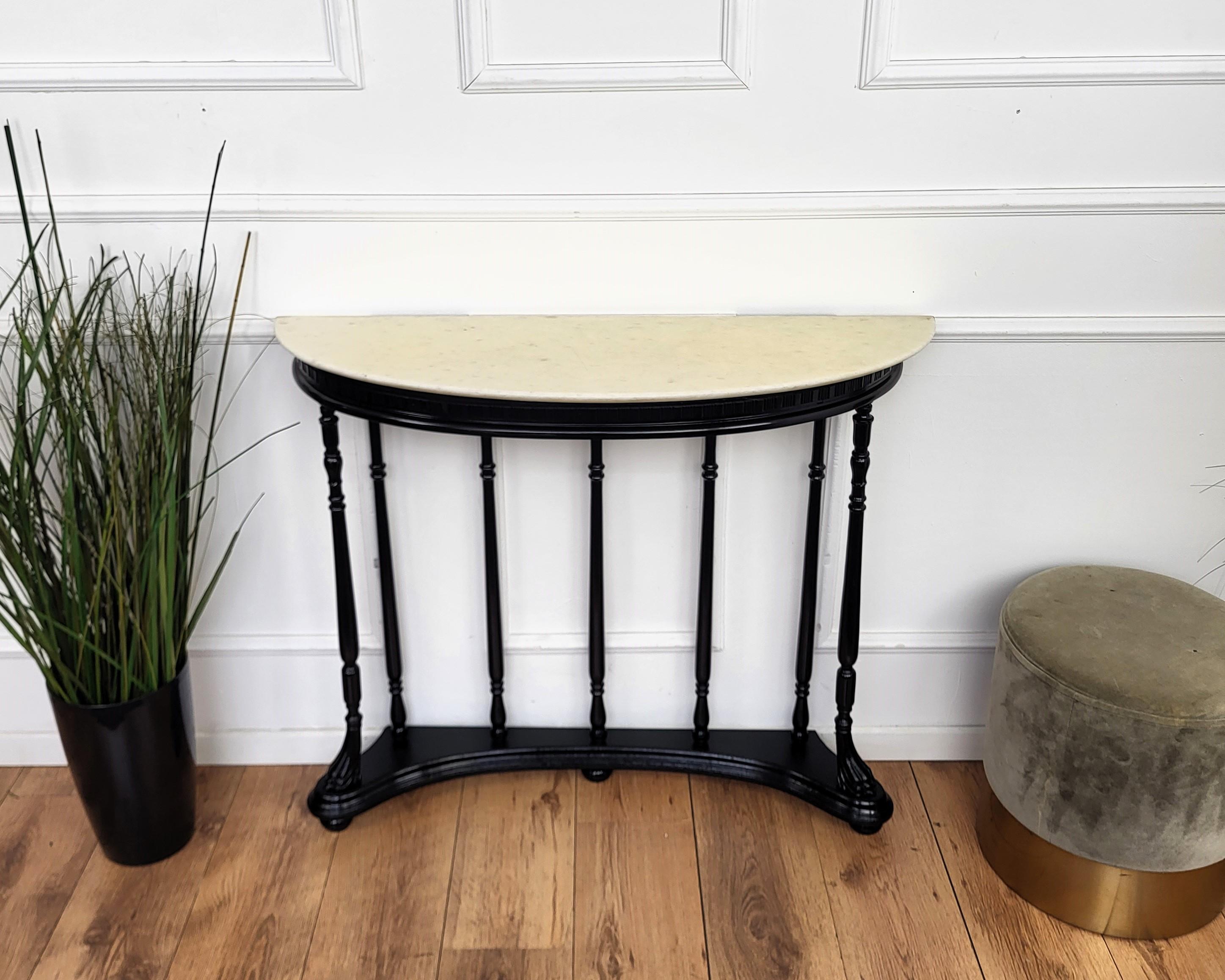 20th Century 1950s Midcentury Italian Wood Brass Wall Console Table with Marble Top For Sale