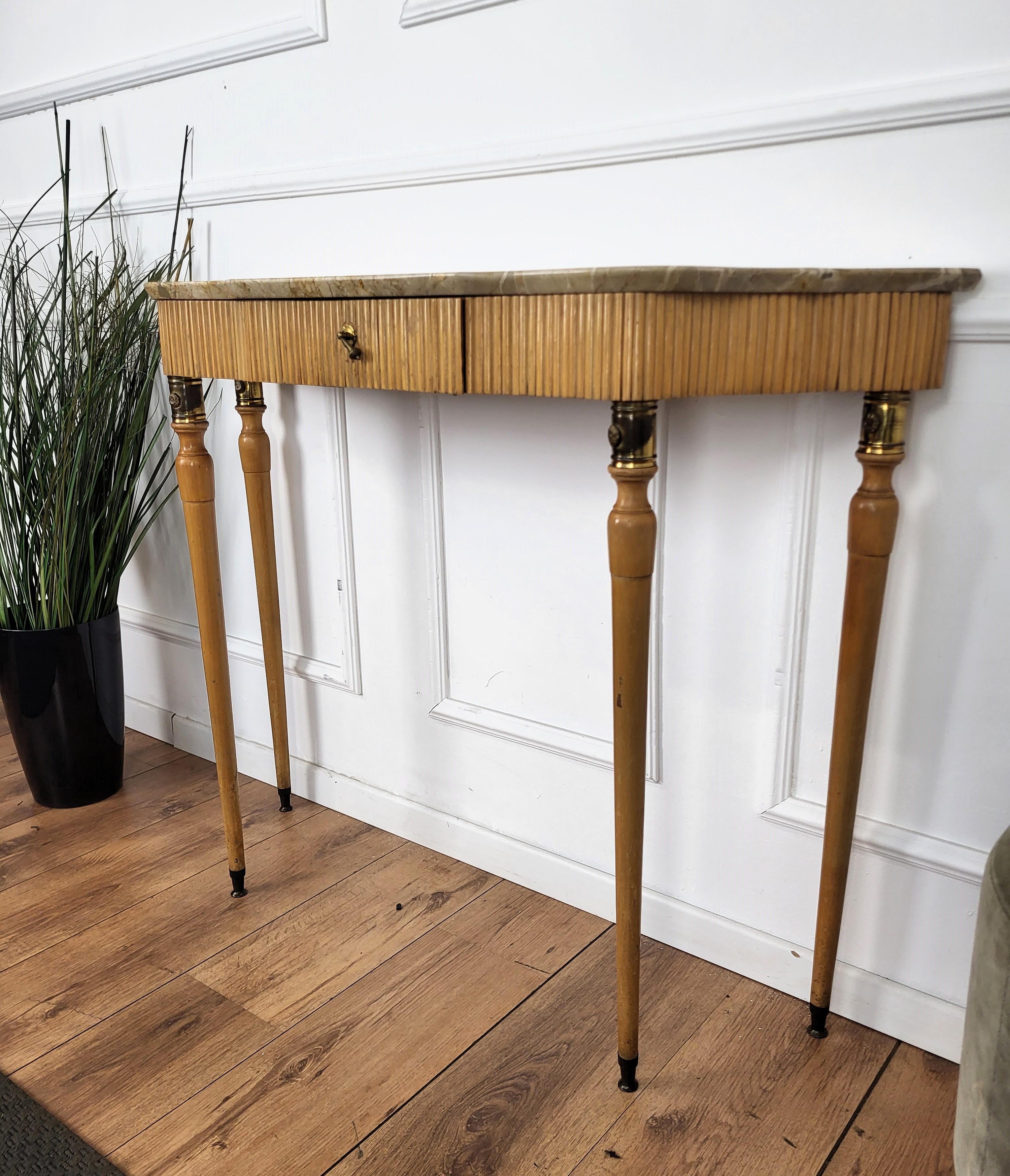 1950s Midcentury Italian Wood Brass Wall Console Table with Marble Top For Sale 1