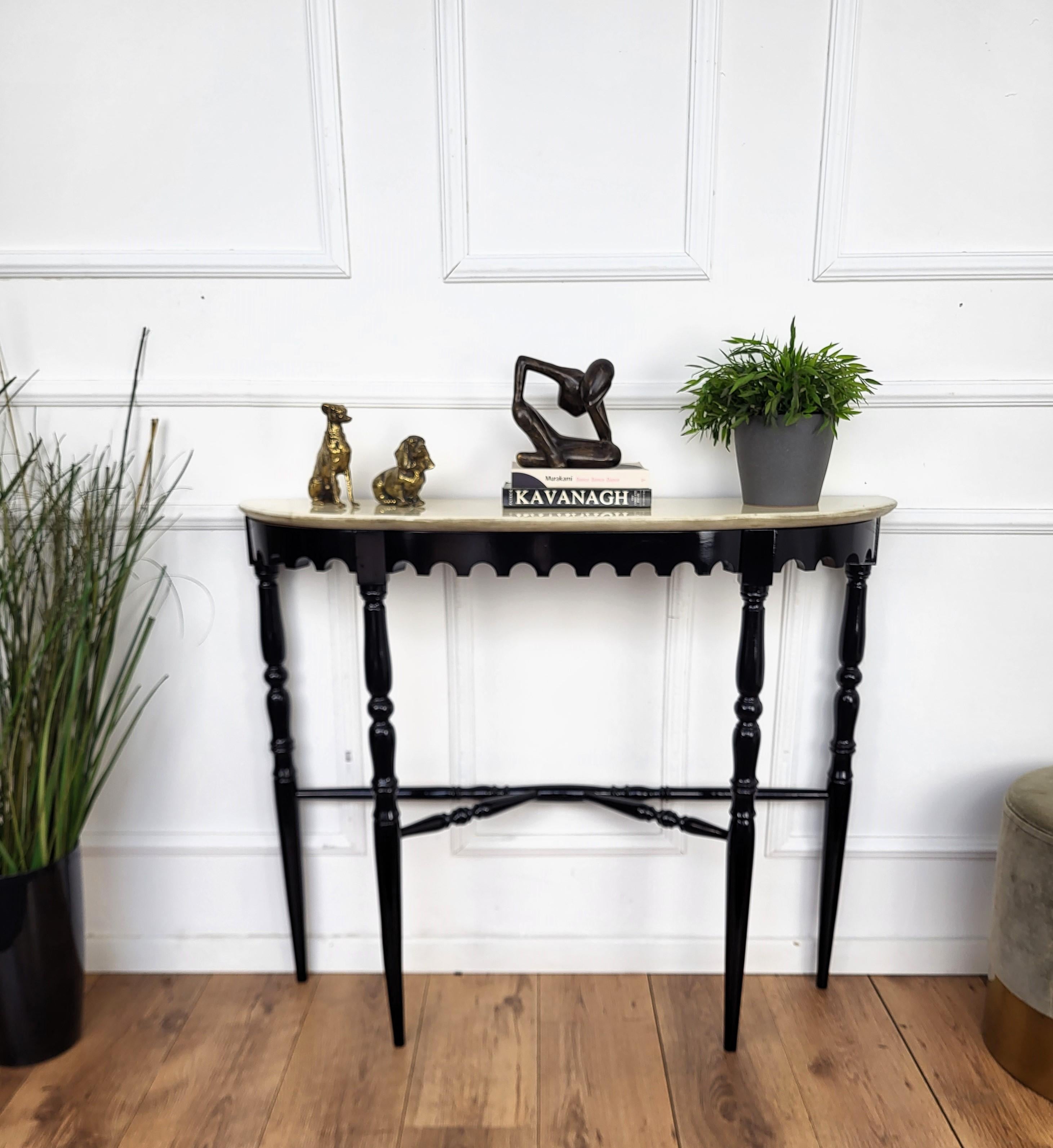 1950s Midcentury Italian Wood Brass Wall Console Table with Marble Top 1