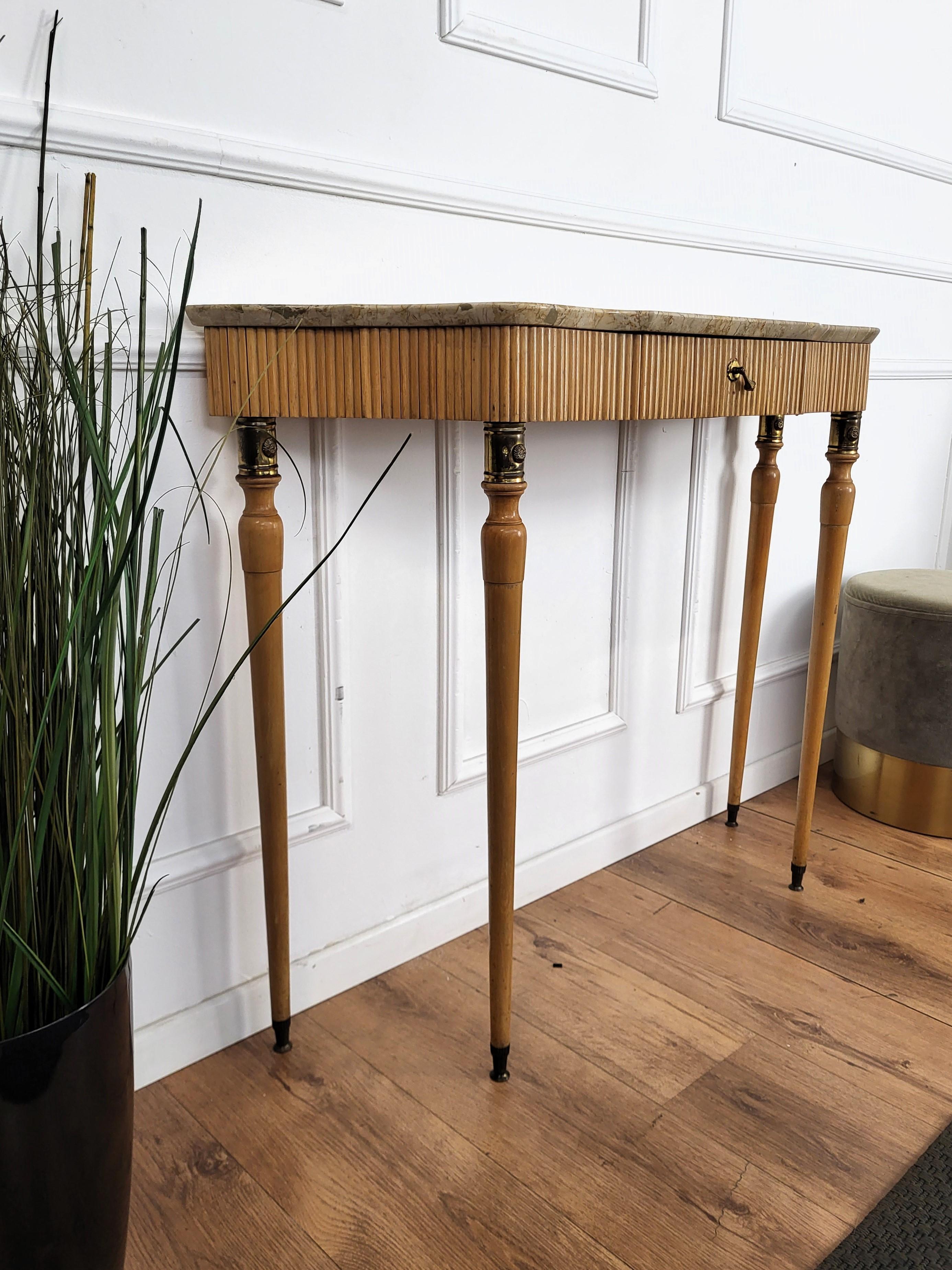 1950s Midcentury Italian Wood Brass Wall Console Table with Marble Top For Sale 2