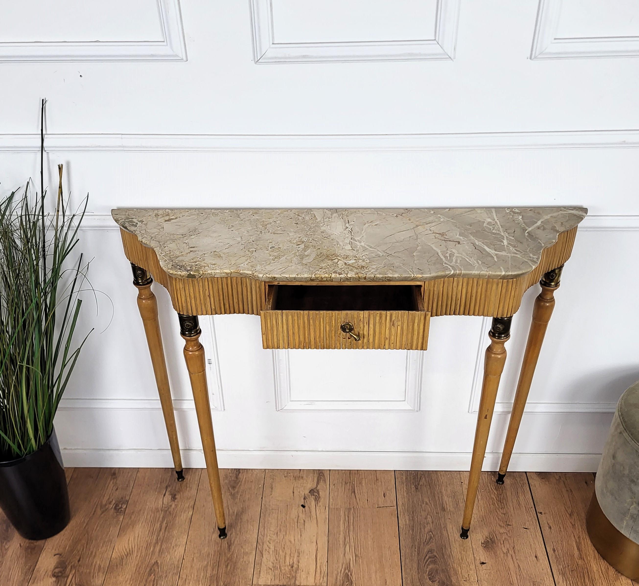 1950s Midcentury Italian Wood Brass Wall Console Table with Marble Top For Sale 3