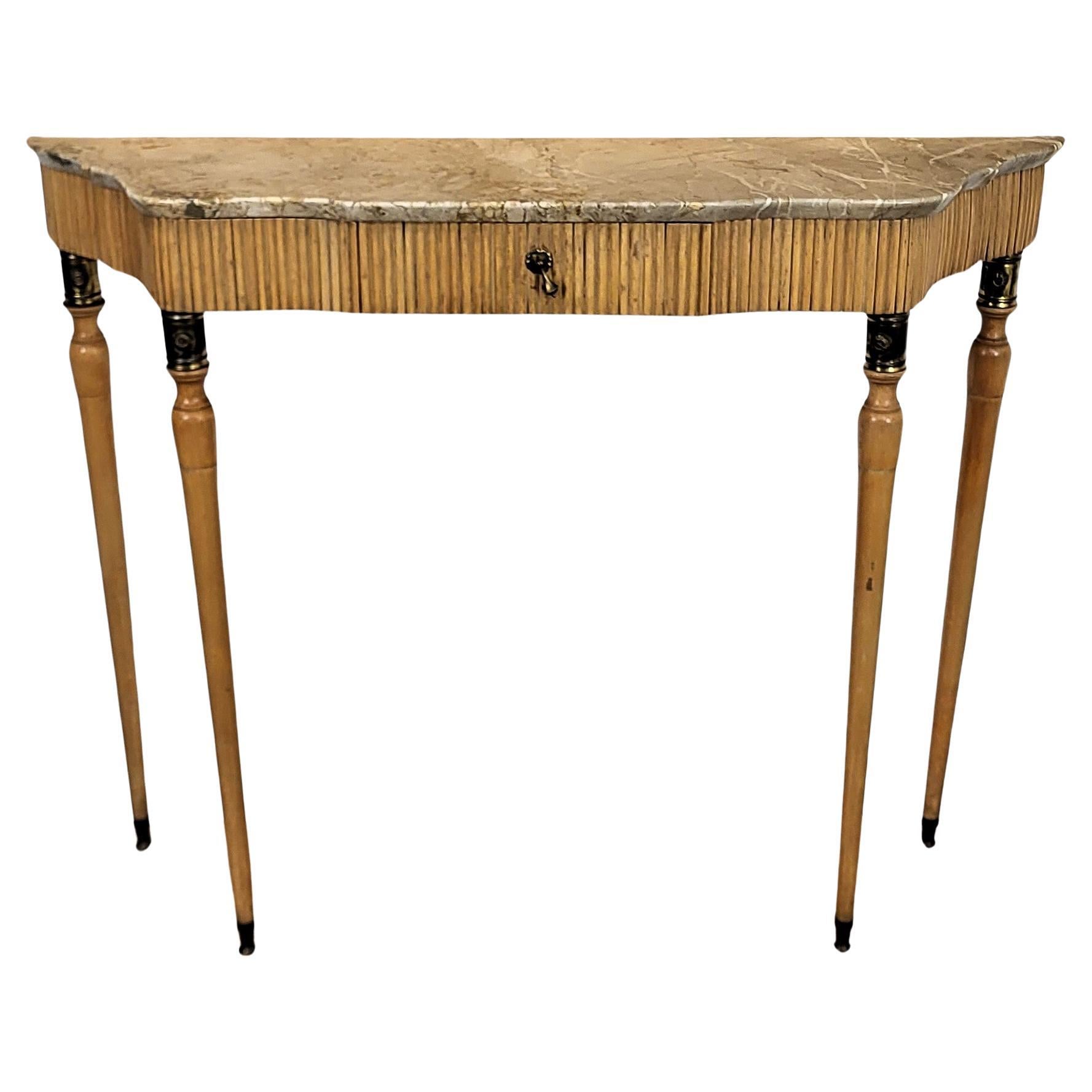 1950s Midcentury Italian Wood Brass Wall Console Table with Marble Top For Sale