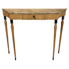 Retro 1950s Midcentury Italian Wood Brass Wall Console Table with Marble Top