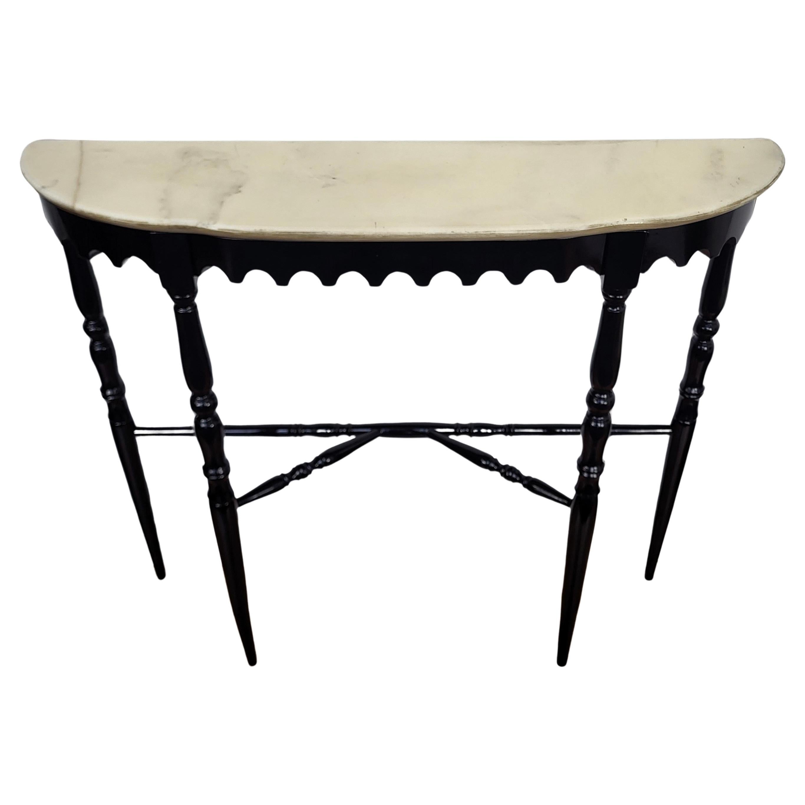 1950s Midcentury Italian Wood Brass Wall Console Table with Marble Top