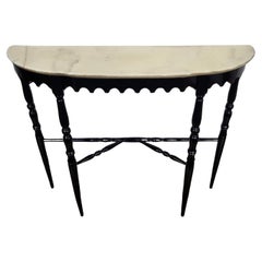 1950s Midcentury Italian Wood Brass Wall Console Table with Marble Top