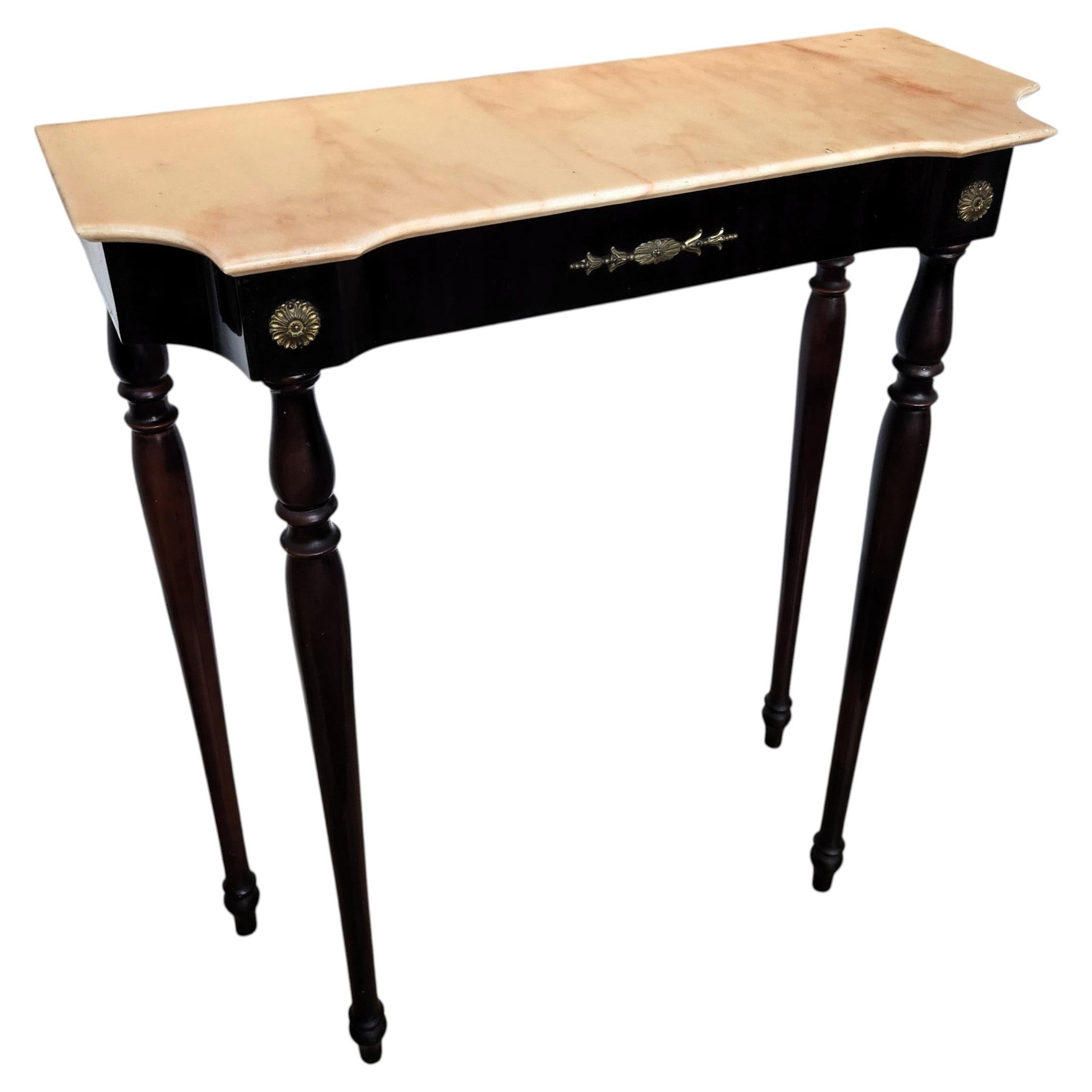 1950s Midcentury Italian Wood Brass Wall Console Table with Marble Top
