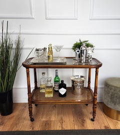 1950s MidCentury Italian Wood Cane Rattan Glass Dry Bar Cart Liquor Cabinet