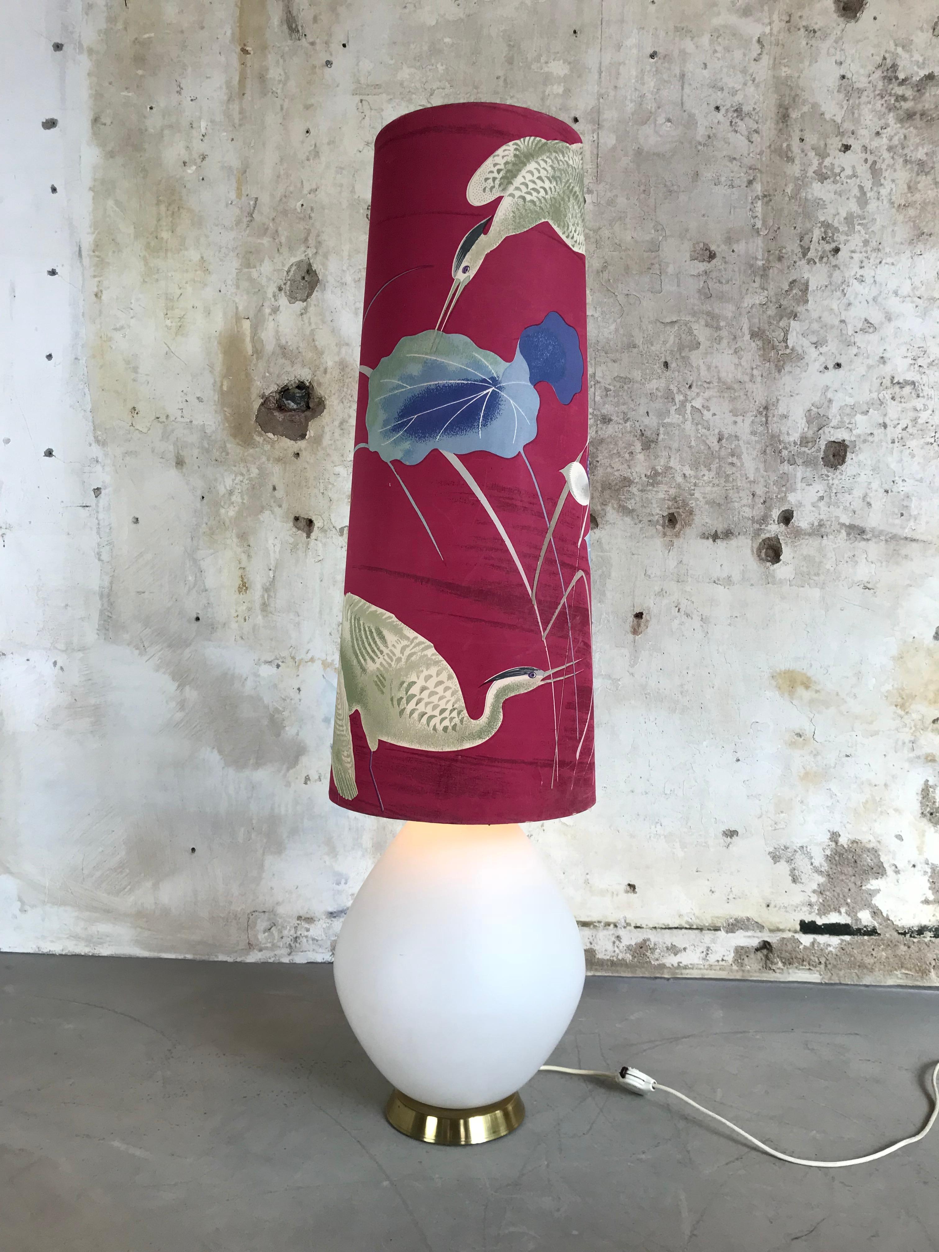 Mid-Century Modern 1950s Midcentury Large Opaline Glass Floor Lamp Original Shade with Cranes For Sale
