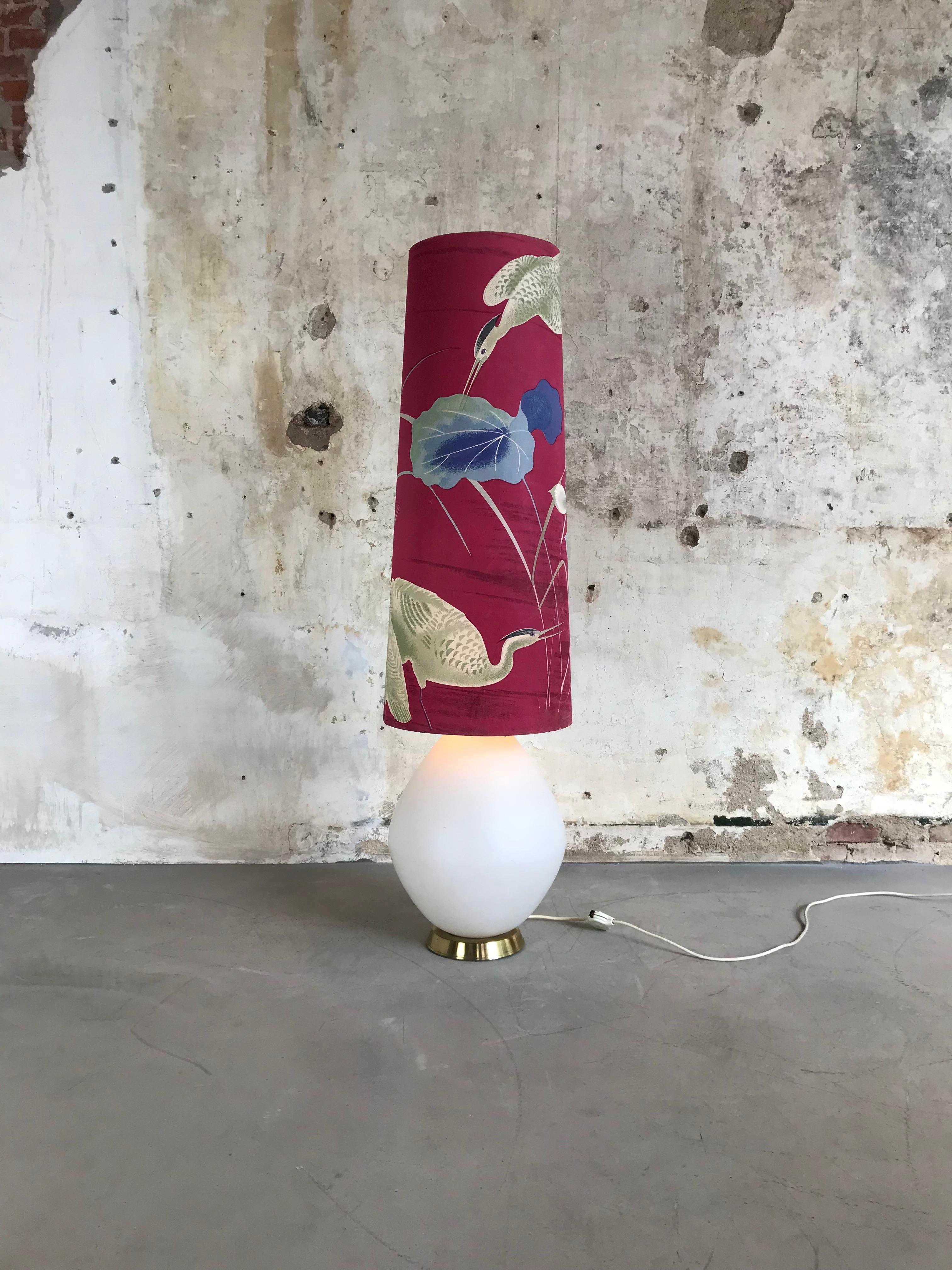 French 1950s Midcentury Large Opaline Glass Floor Lamp Original Shade with Cranes For Sale