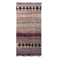 1950s Midcentury Moroccan Flat-Weave Beige Pink Striped Diamond Tribal Kilim