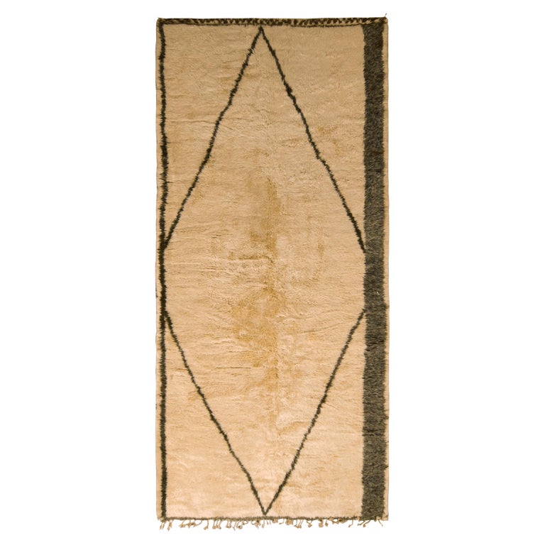 1950 Wool Rug 1950s Midcentury Moroccan Rug Beige-Brown and Green Vintage Wool Pile ...