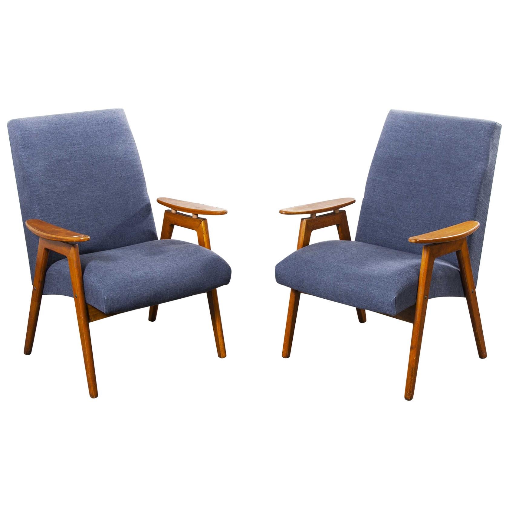 1950s Midcentury Pair of Armchairs, Blue Cotton Linen Upholstery