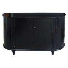 1950s Midcentury Scandinavian Large Black Tall Bow Fronted Sideboard Credenza