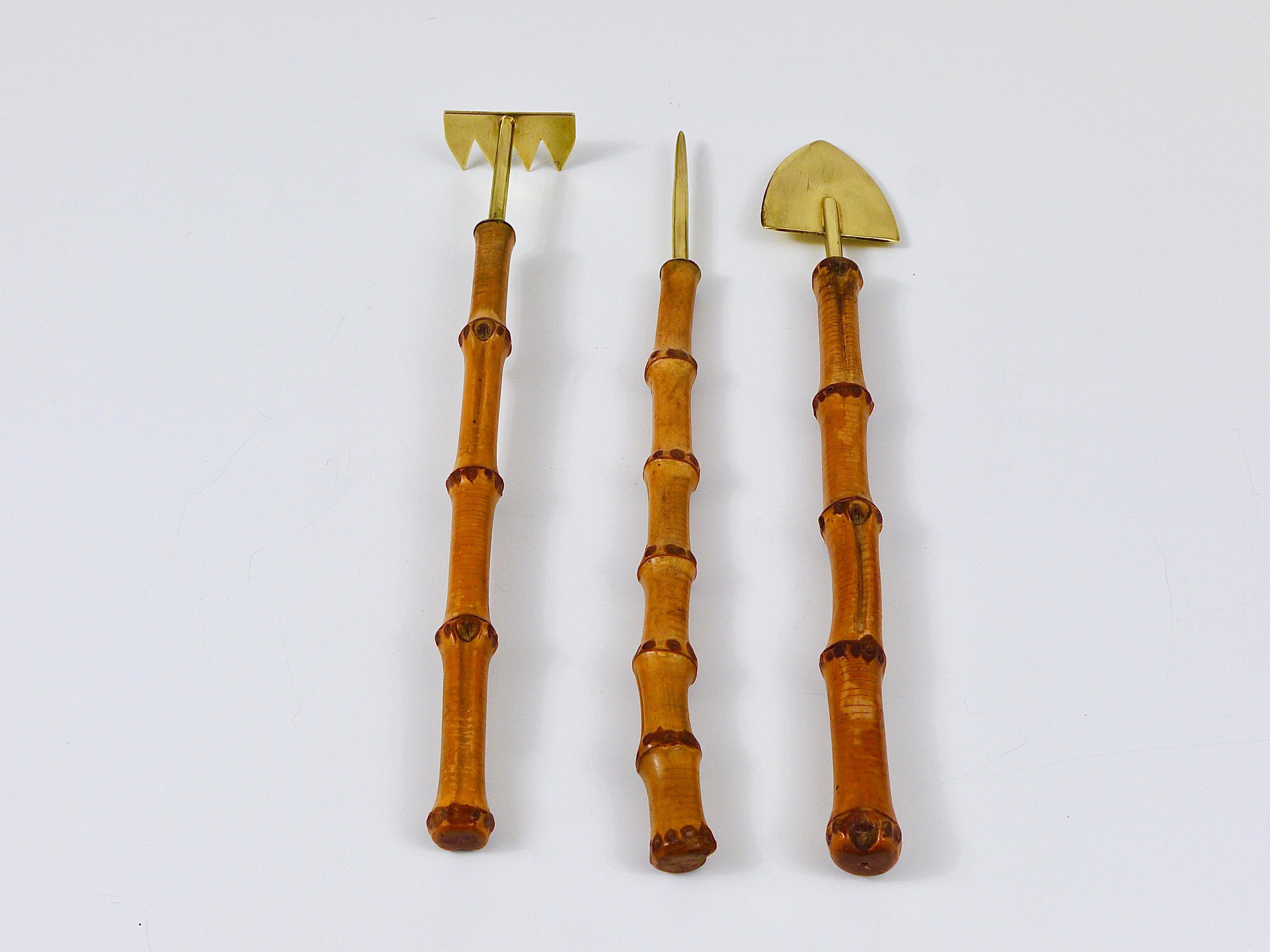 Austrian 1950s Midcentury Set of Urban Gardening Tools, Brass and Bamboo, Austria, 1950s