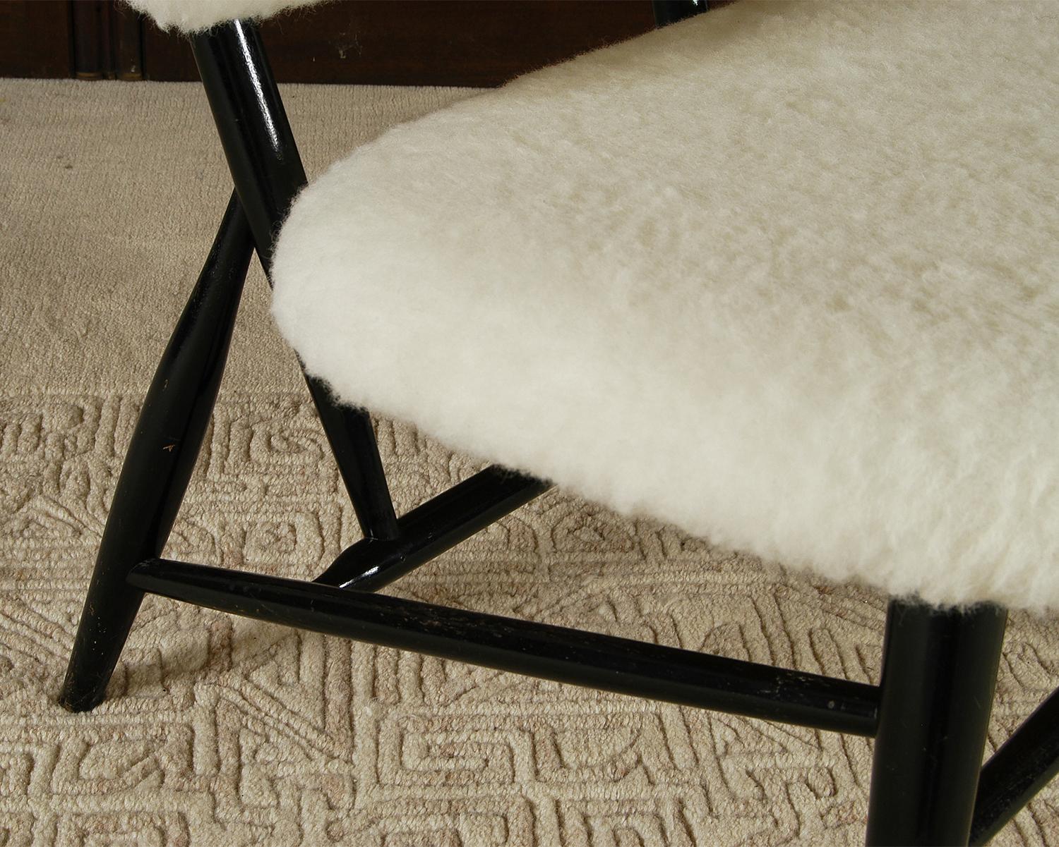 1950s White Wool Ebonised Midcentury Swedish Alf Svensson Hygge Fireside Chair 6