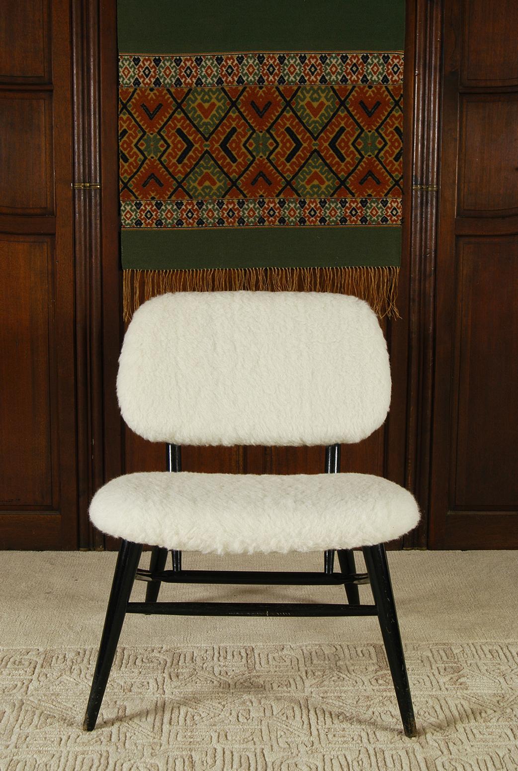 Scandinavian Modern 1950s White Wool Ebonised Midcentury Swedish Alf Svensson Hygge Fireside Chair