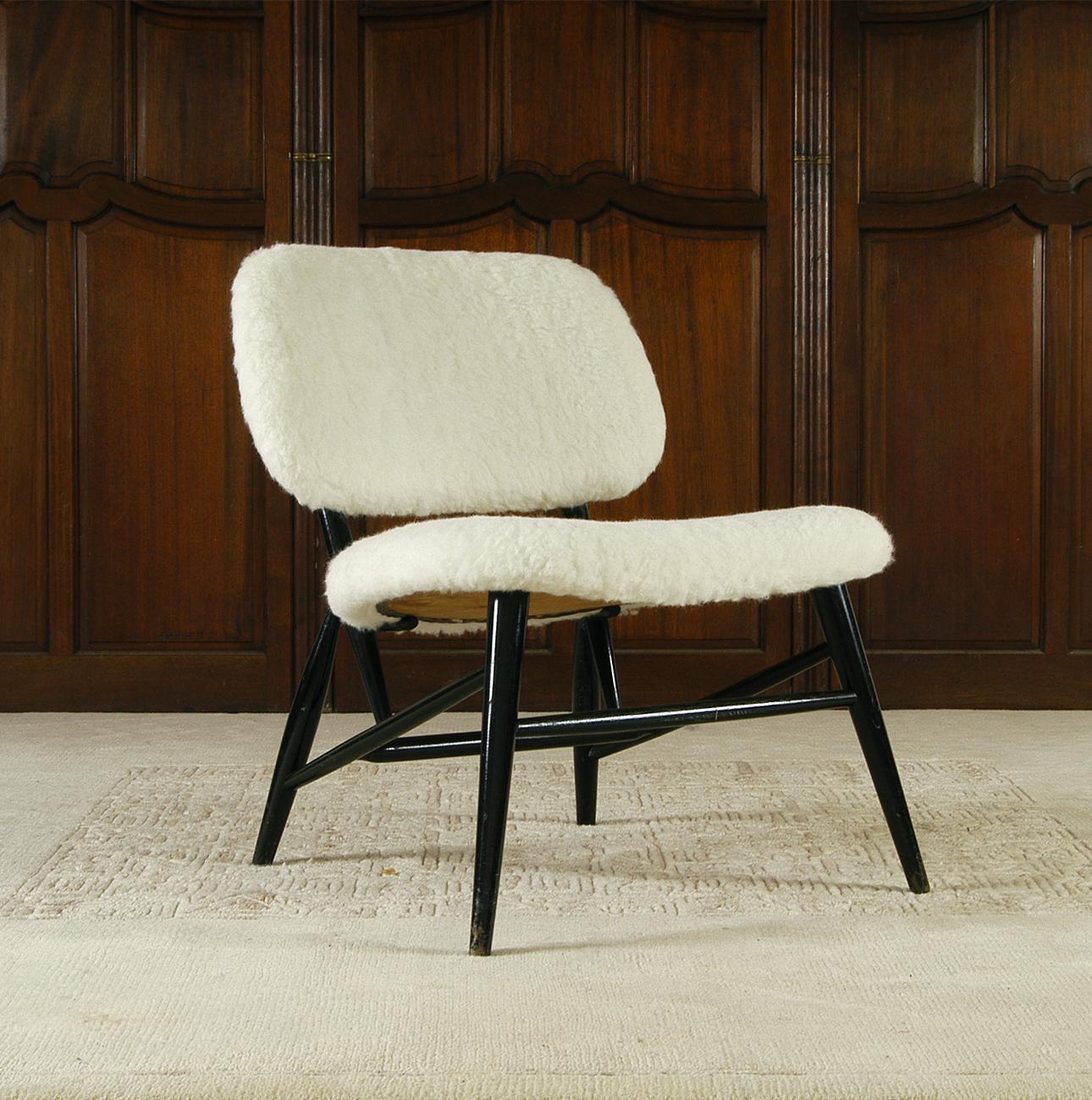 Ebonized 1950s White Wool Ebonised Midcentury Swedish Alf Svensson Hygge Fireside Chair
