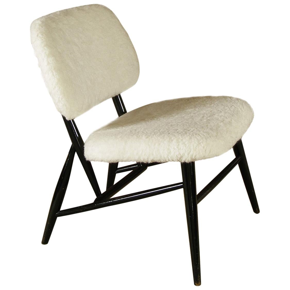 1950s White Wool Ebonised Midcentury Swedish Alf Svensson Hygge Fireside Chair