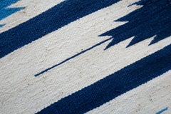 1950s Midcentury Vintage Blue and Ivory Star Motif Indian Cotton Dhurrie Rug