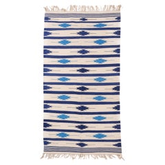 1950s Midcentury Vintage Blue and Ivory Star Motif Indian Cotton Dhurrie Rug
