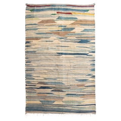 1950s Midcentury Vintage Moroccan Kilim Beige Blue Striped Flat-Weave