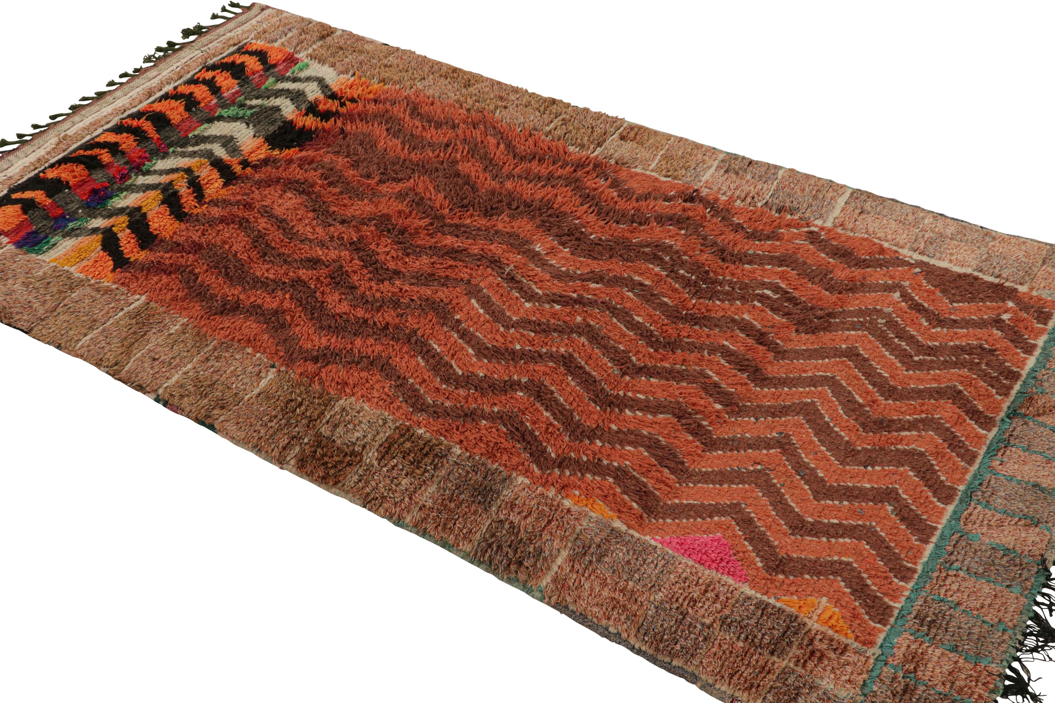 Hand-Knotted 1950s Midcentury Vintage Moroccan Runner Orange Chevron Pattern by Rug & Kilim For Sale
