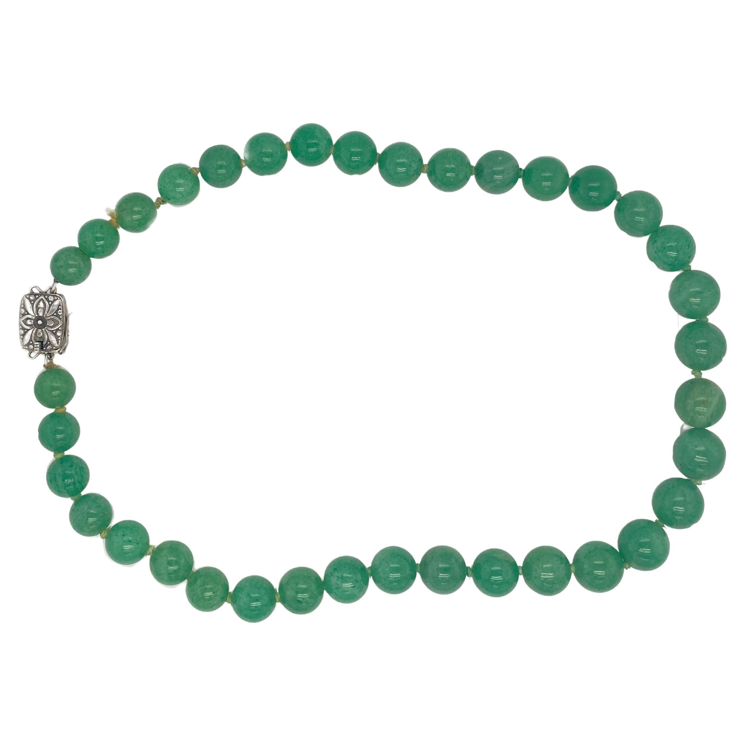 1950s Mikimoto Green Chalcedony Bead Necklace with Silver Clasp