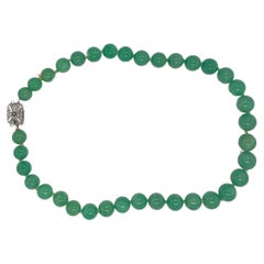 Retro 1950s Mikimoto Green Chalcedony Bead Necklace with Silver Clasp