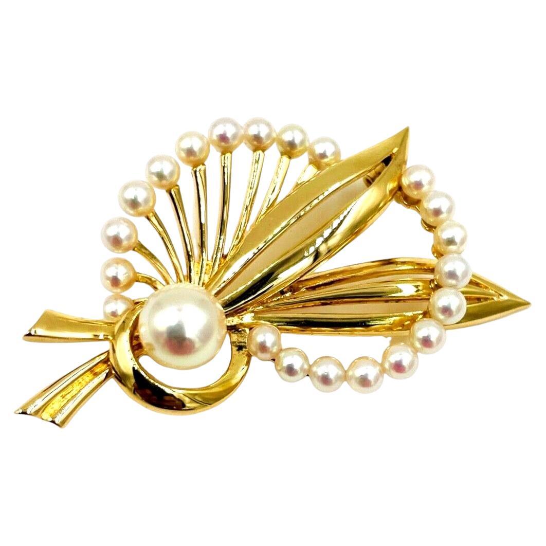 1950s Mikimoto Pearl Yellow Gold Brooch For Sale