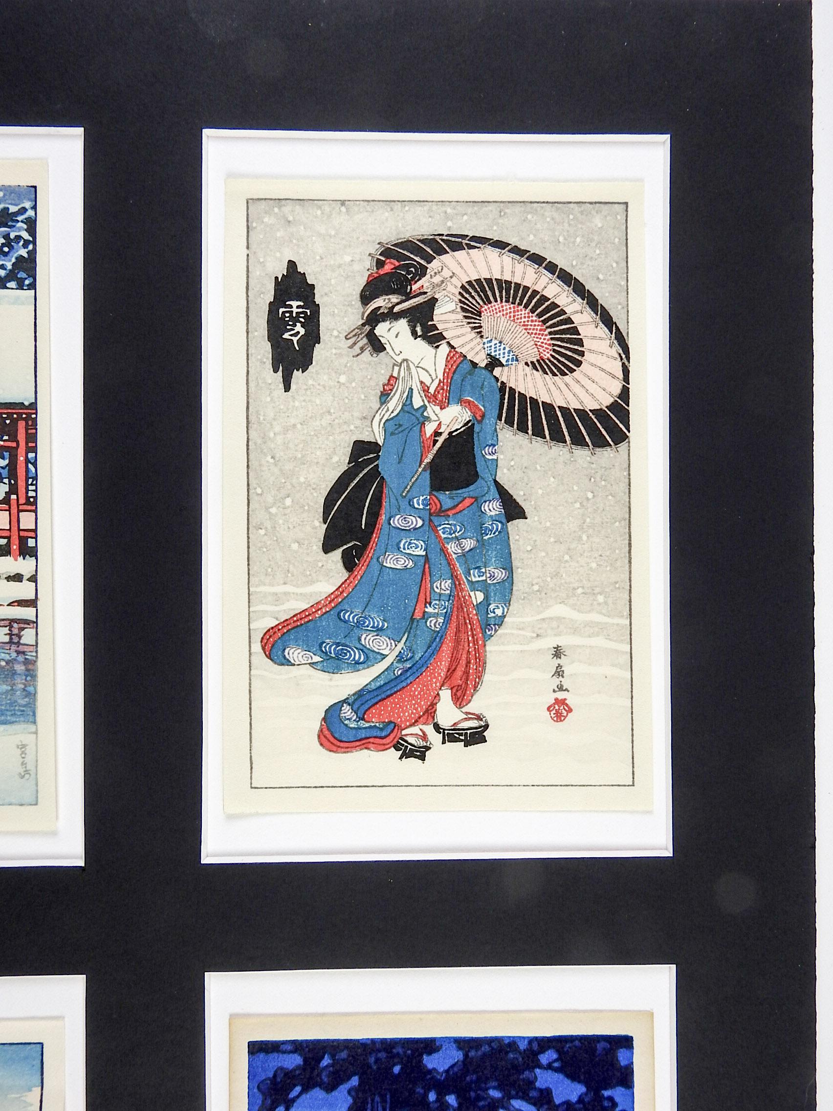 Group of four Japanese miniature woodblock prints mounted in one mat. Torii gate, woman with umbrella, shrine and evening scene. The night scene is by Kawase Hasui (1883-1957). Unframed, displayed mounted in mat with each print tipped into opening.