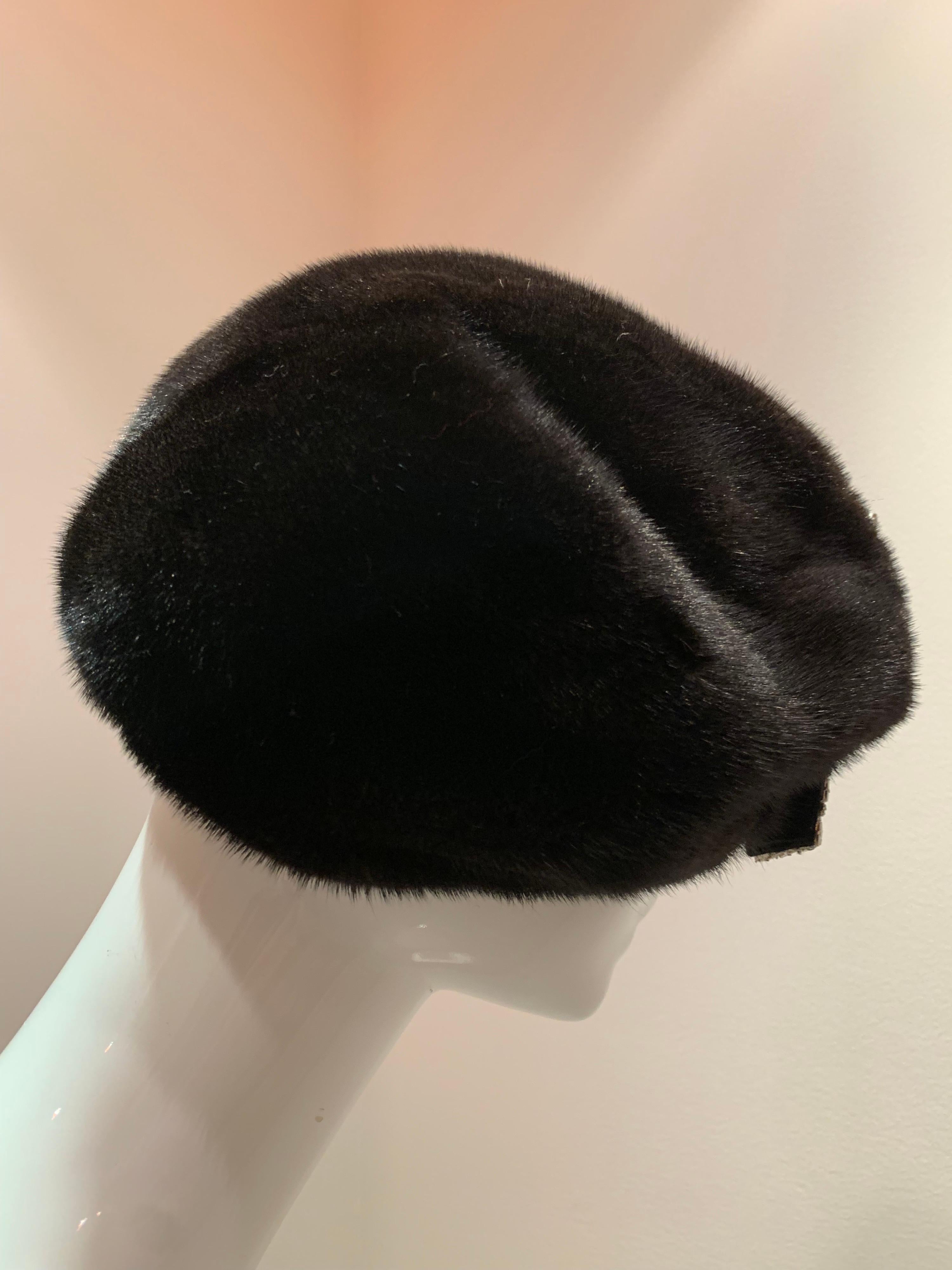 Black 1950s Mink Beret W/ Stunning Rhinestone Bar Accent  For Sale