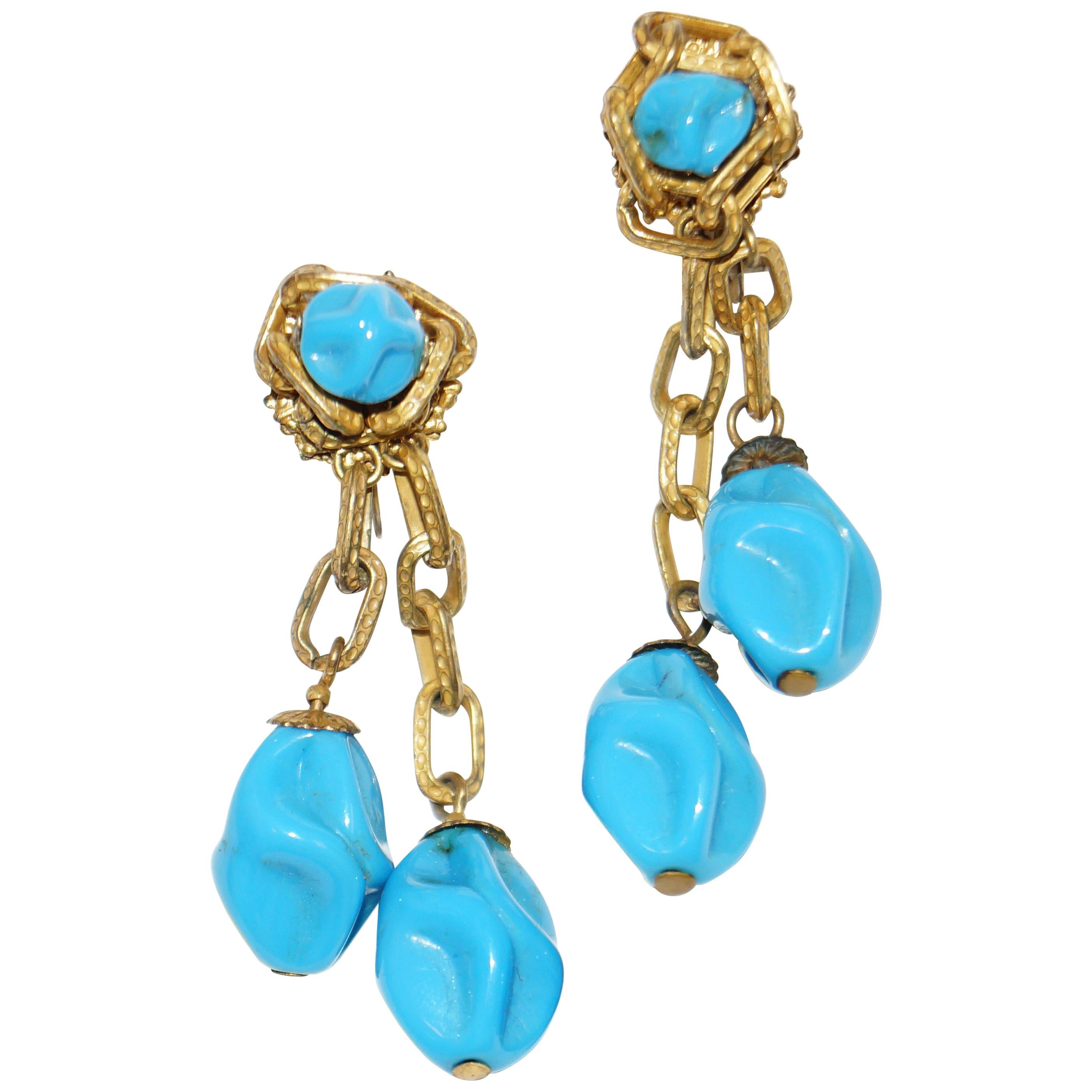 1950s Miriam Haskell Turquoise Art Glass Chain Accent Dangle Earrings