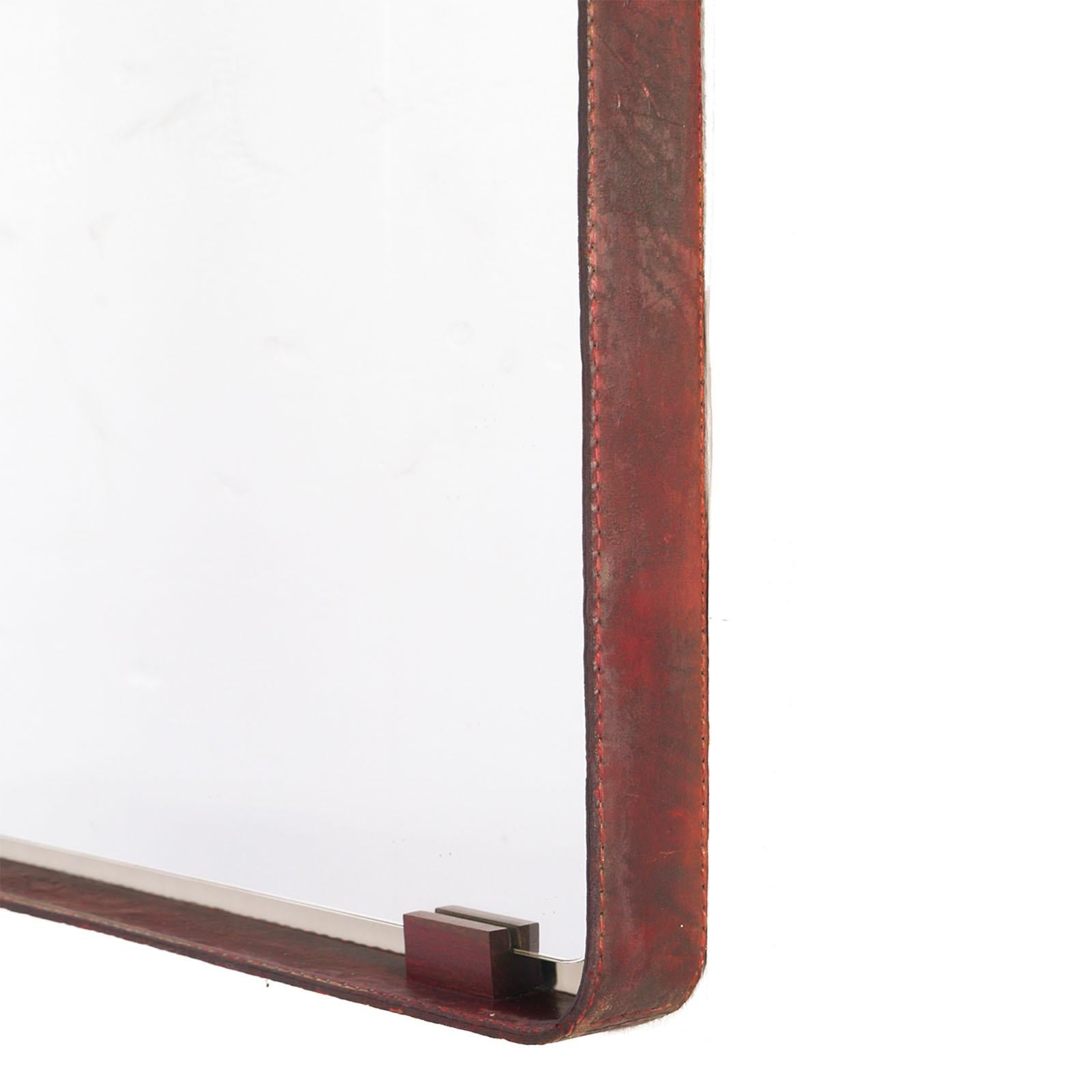 Mid-Century Modern 1950s Mirror, Steel Frame with Leather, Fontanit Branded Glass, by Fontana Arte