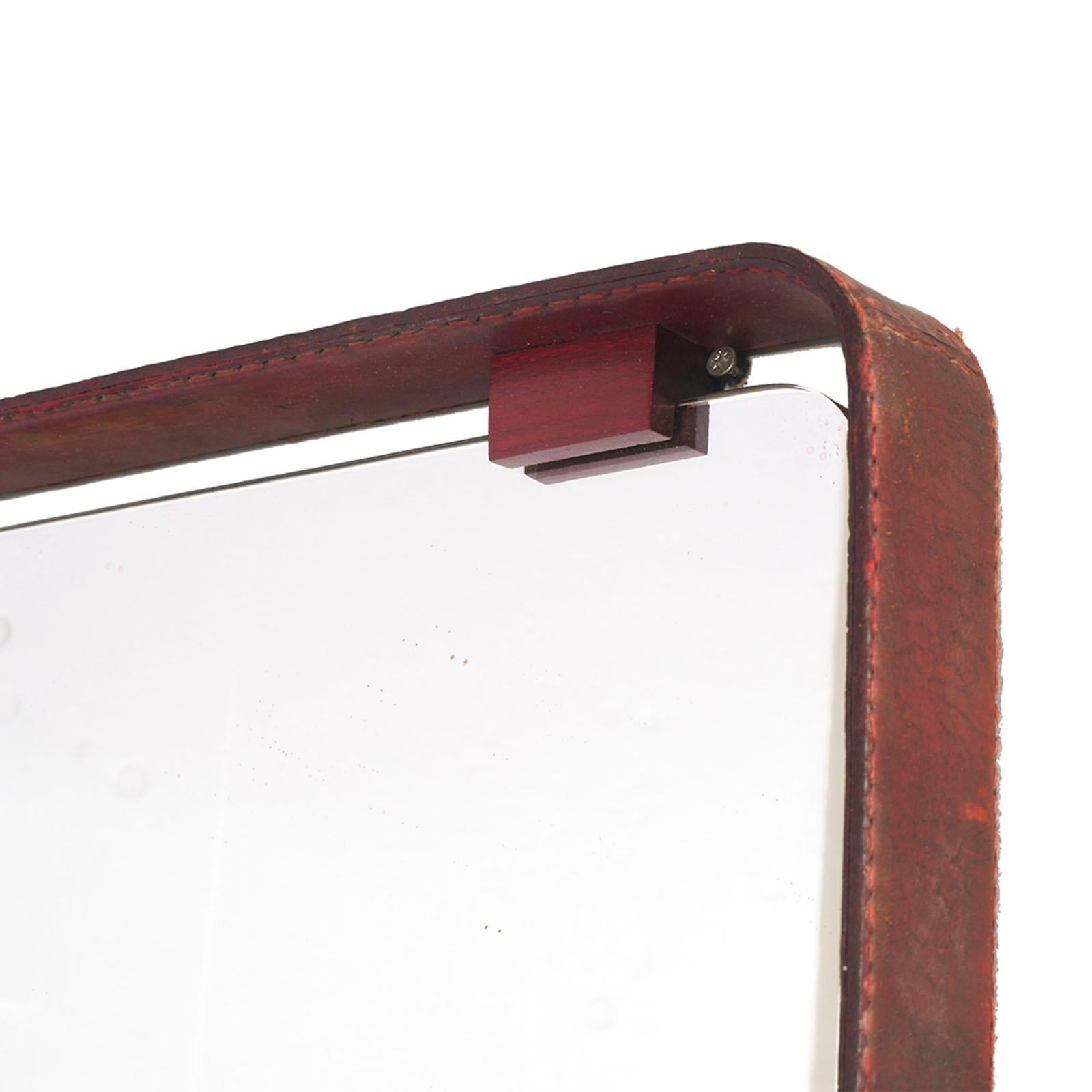 Italian 1950s Mirror, Steel Frame with Leather, Fontanit Branded Glass, by Fontana Arte