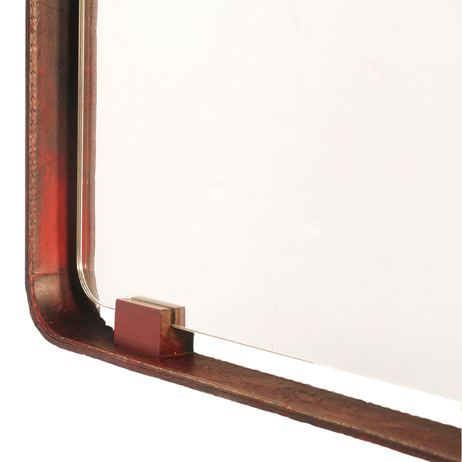 1950s Mirror, Steel Frame with Leather, Fontanit Branded Glass, by Fontana Arte In Good Condition In Vigonza, Padua