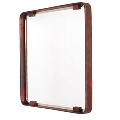 1950s Mirror, Steel Frame with Leather, Fontanit Branded Glass, by Fontana Arte