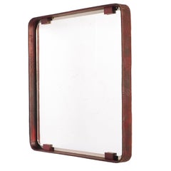 Vintage 1950s Mirror, Steel Frame with Leather, Fontanit Branded Glass, by Fontana Arte