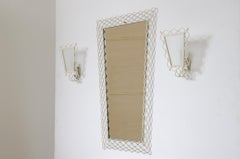 1950's Mirror with curved metal mesh frame with two wall lights